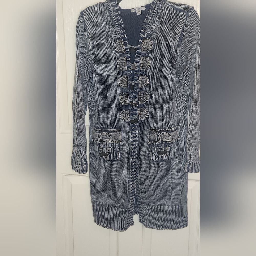 Vtg PBJ Blues M Blue Long Line Duster Women Buttons Cardigan Knit Jacket Hoodie